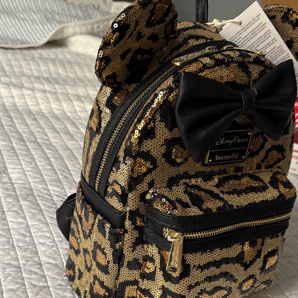 Loungefly Leopard Sequin Backpack with Black Bow … - image 2